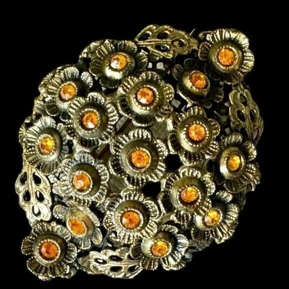 Large 2” 1930s Art Nouveau Vintage Filigree Broach Amber Czech Glass Antique Pin